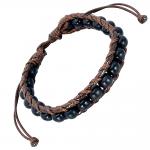 Brown Leather and Black Wood Beaded Drawstring Adjustable Bracelet