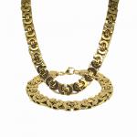 Stainless Steel Flat Gold Byzantine Necklace / Bracelet Set