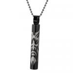 Stainless Steel Black PVD Cylindrical Pendant with Tribal Face Design