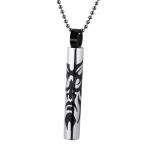 Stainless Steel Cylindrical Pendant with Black PVD Tribal Face Design