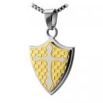 Stainless Steel Shield Pendant With Gold PVD Checkered Pattern and Centered Cross