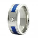 Stainless Steel Ring with Blue PVD Greek Key Design and CZ Accent