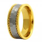 Gold PVD Stainless Steel Ring with Hammered Band Between Gold Cables