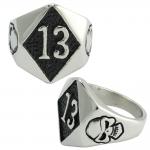 Stainless Steel Lucky 13 Ring with Skull Accents