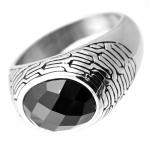 Retro Inspired Stainless Steel Mens Ring with Black Stone