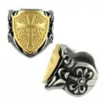 Stainless Steel Ring w/ Gold Pvd Shield & Cross Design