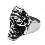 Stainless Steel Skull Ring with Motorcycle goggles and red eyes
