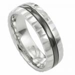 Stainless Steel Ring with Black PVD Stripe and Carved Edges