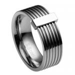 Modern Stainless Steel Ring With Horizontal Linear Design And Shiny Center Accent