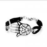 Stainless Steel Bracelet with Black Cord and HAMSA Design