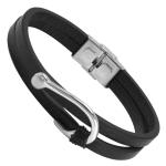Double Black Leather Bracelet with Stainless Steel Fisher Hook Charm 