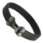 Black Leather Bracelet with Stainless Steel Hook Clasp
