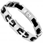 Stainless Steel And Black Rubber Link Bracelet With Steel Cross Design