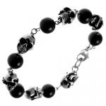 Stainless Steel Decorative Skull Bracelet w/ Alternating Black PVD Beads