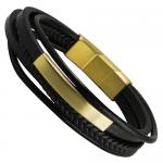 Black Leather Bracelet with Gold PVD Engravable Bar and Magnetic Clasp
