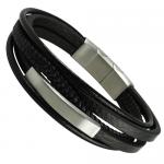 Black Leather Bracelet with Engravable Bar and Magnetic Clasp