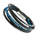 Black Leather Multi Strand Bracelet w/ Stainless Steel Closure w/ Blue Beads