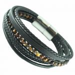 Multi-String Leather & S.Steel Bracelet W/ Tiger Eye Macrame Beads