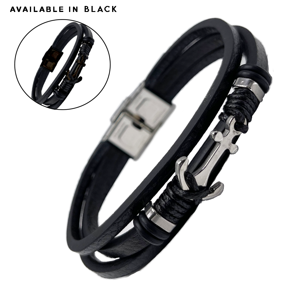 Stainless Steel Leather Bracelet With Steel Anchor