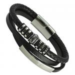 Black Leather Braided Bracelet with Stainless Steel Bar and Magnetic Clasp