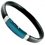 Black Leather Bracelet W/ Blue Stainless Steel Adjustable Clasp