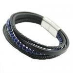 Black Multi String Braided Leather & Stainless Steel Bracelet w/ Lapis Color Beads