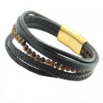 Black Multi String Braided Leather & Stainless Steel Bracelet w/ Tiger Eye Color Beads