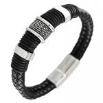 Braided Leather & Stainless Steel Relief Design Bracelet