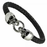 Braided Leather Bracelet with Steel Skull head tips