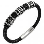 Braided Leather Bracelet with Skulls and Fleur De Lis Steel Charms