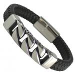 Black Leather Bracelet with Steel Design Bar and Magnetic Clasp