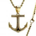 Stainless Steel Gold PVD CZ Anchor Necklace