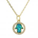 Stainless Steel Gold PVD CZ & Faux Opal Hamsa