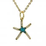 Stainless Steel Gold PVD Necklace with CZ and Faux Opal Starfish Pendant