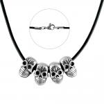 Black Leather Necklace W/ Stainless Steel Skull Heads