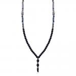 Long Beaded Necklace With  Black, Denim Blue & Stainless Steel Bead Accents 