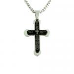 Stainless Steel Two Tone Cross w/ Padre Nuestro Prayer Pendant & Chain