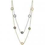 Stainless Steel Double Chain Two-Tone Fashion Necklace with Silver and Gold Opal Circular Accents