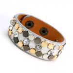Leather Cuff Bracelet with Silver Tone Texture and Colored Rivets