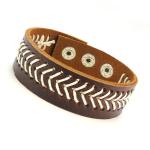 Brown Leather Bracelet with With white V Shape woven pattern