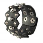 Black Leather Bracelet with Skulls and Spikes