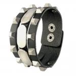 Three Sectioned Black Leather Bracelet with Steel Tone Plates and Pyramid Studs