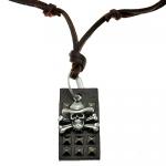 Free Size Brown Leather Necklace w/ Matching Dog Tag and Skull & Crossbones Pendant 
