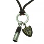Free Size Brown Leather Necklace w/ Whistle and Shield Charms