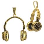 Stainless Steel Gold PVD Hip Hop Headphones with Black CZ Pendant