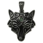 Stainless Steel Native Wolf Pendant with Green Stone