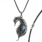 Stainless Steel Long Mystic Feather with turquoise stone Necklace