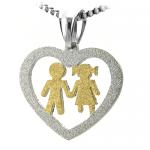 Stainless Steel Cut Out Heart Pendant w/ Gold PVD Boy and Girl Center Image 