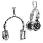Stainless Steel Hip Hop Headphones with Black CZ Pendant