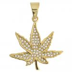 Stainless Steel Gold PVD Hemp Leaf Pendant with CZ Accents